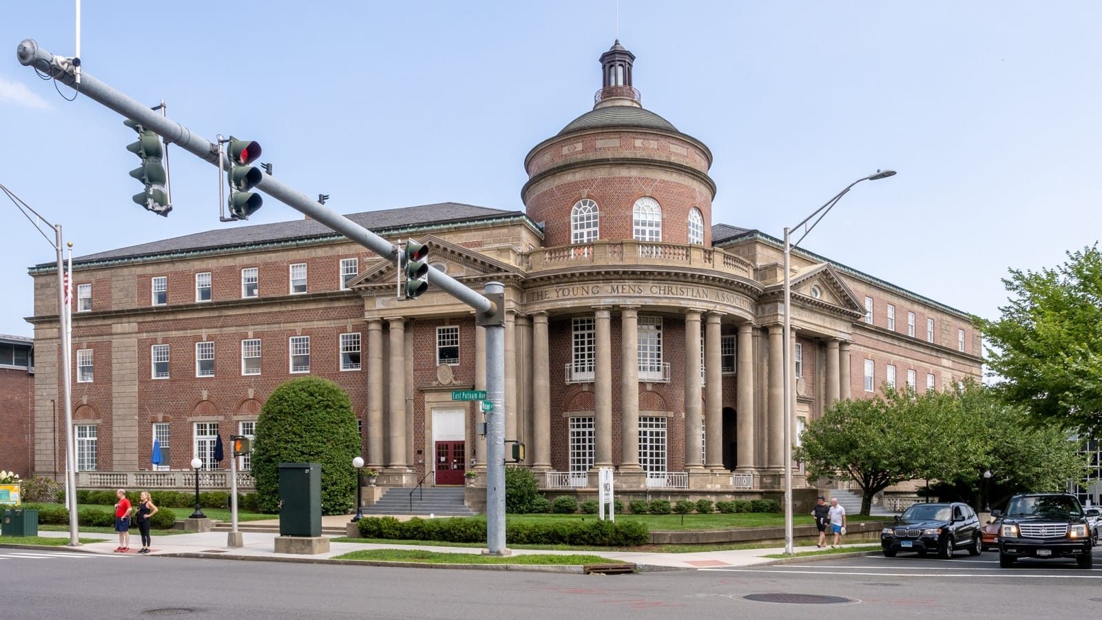 Exterior of the YMCA of Greenwich building in downtown Greenwich, Connecticut.