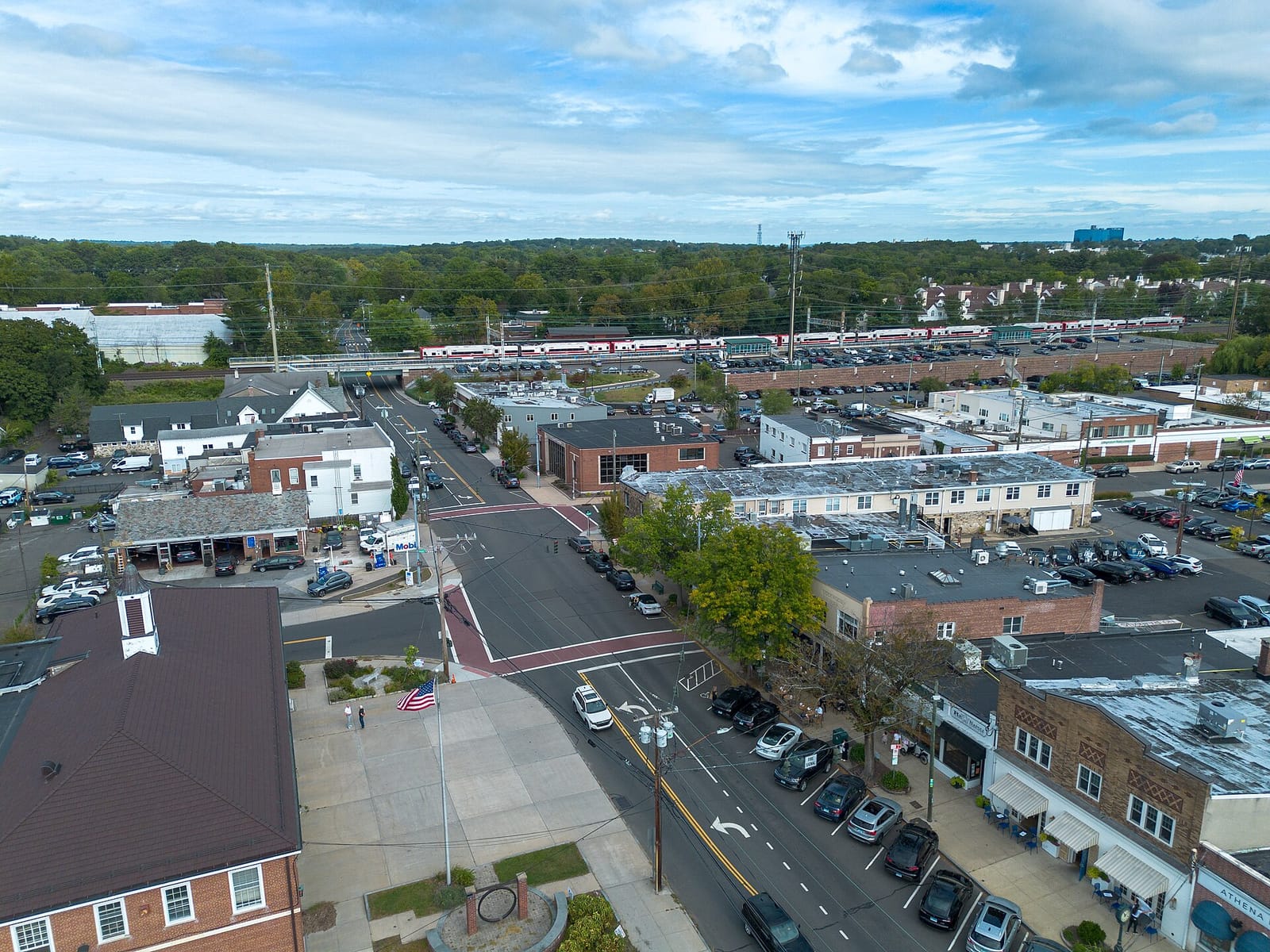 Aerial view of the Old Greenwich village center and Metro-North line in Old Greenwich, Connecticut.