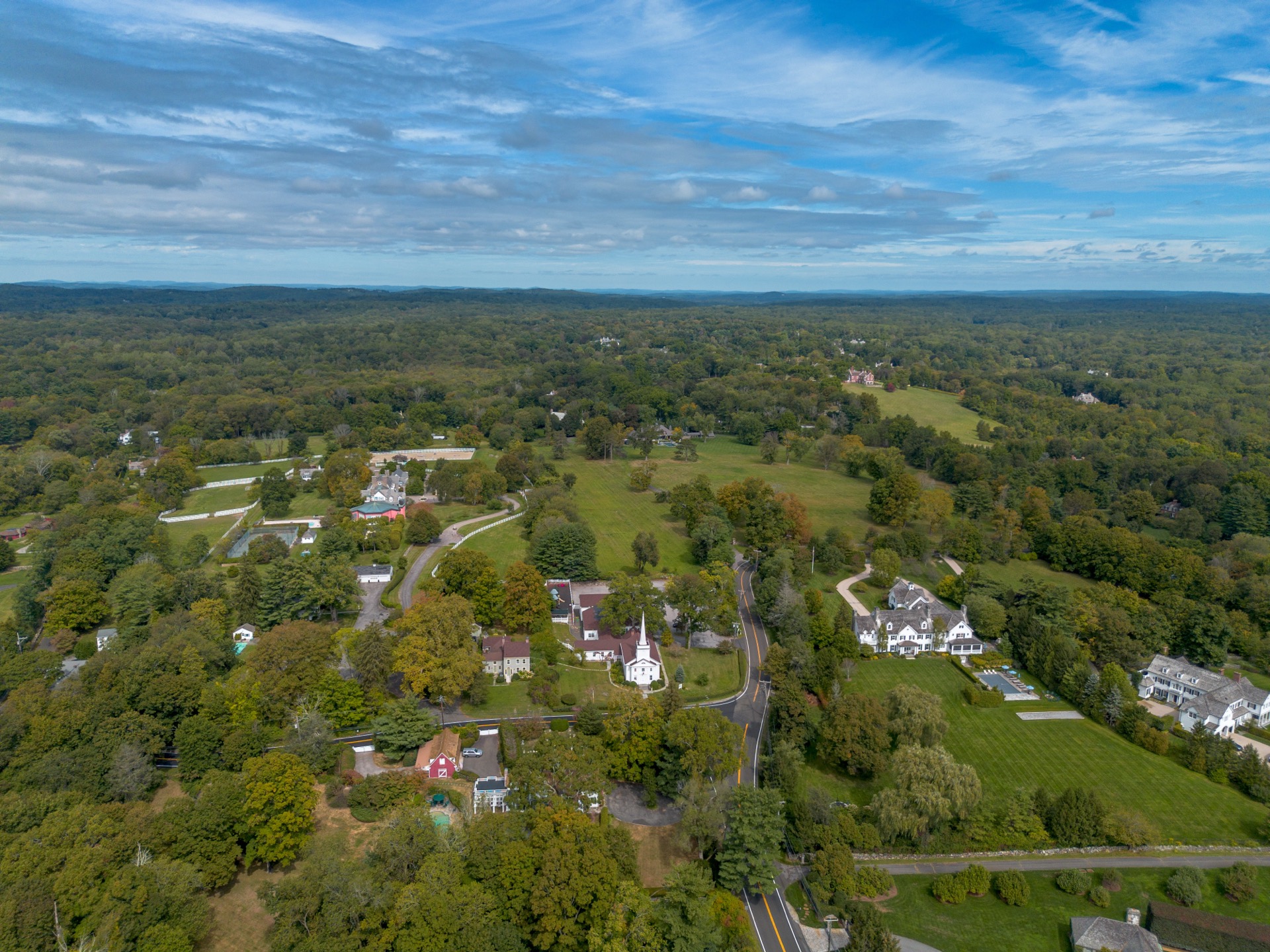 Aerial view of Round Hill Historic District in Greenwich, Connecticut.